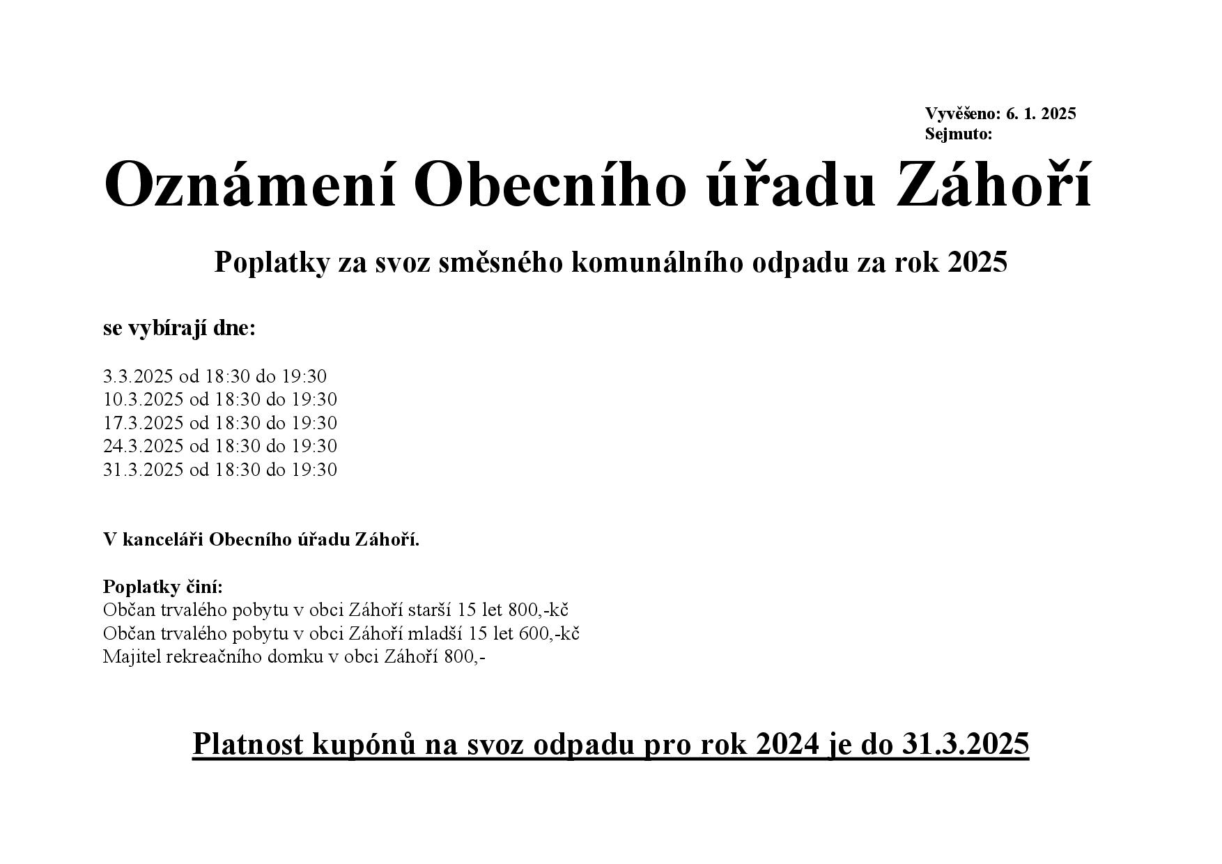 2025.1.6 Oznámení výběr poplatků za svoz komunálního odpadu